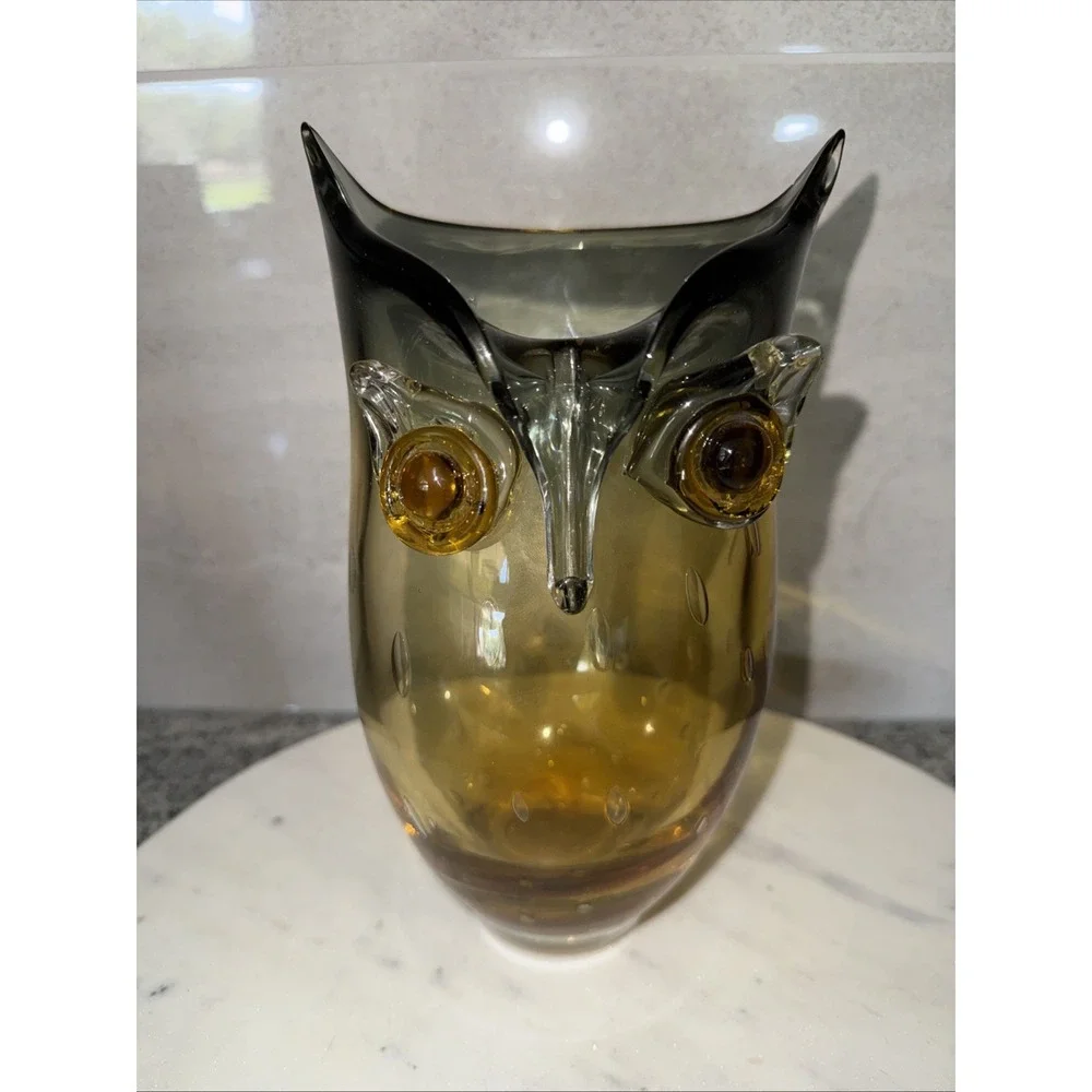 MOUTH BLOWN Amber Gray Vase OWL Shape LARGE 9